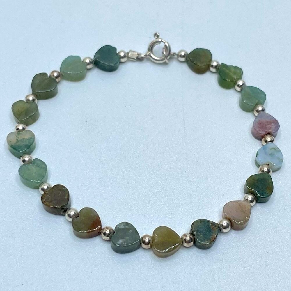 925 Sterling Silver Dainty Jasper Heart Heart Beaded Bracelet Cute 6.5 in Boho